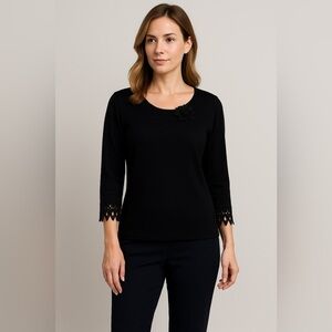 STUDIO Liz Claiborne Black Silk Blend Pullover Sweater 3/4 Sleeve Crochet Hem PS